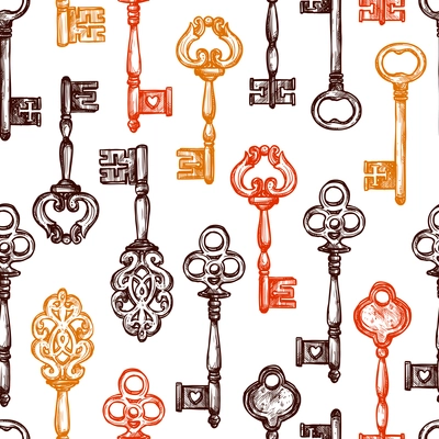 Vintage old style decorated keys hand drawn seamless pattern vector illustration