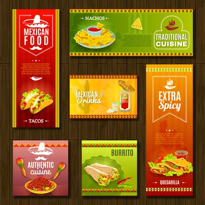 Mexican traditional food cafe restaurant and bar flat bright color banner set isolated vector illustration