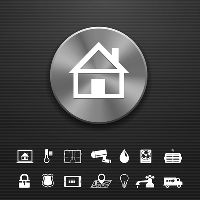 Smart home automation technology metal button template with utilities icons set vector illustration