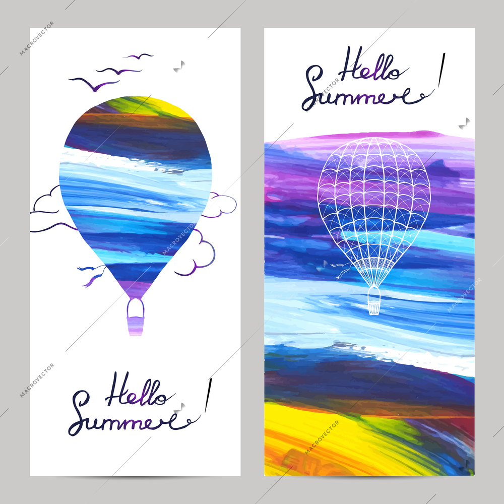 Air travel vertical banners set with hot air balloons silhouettes on painted background isolated vector illustration