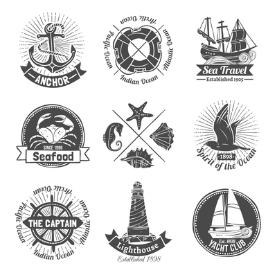 Nautical labels set with seafood and yacht club emblems isolated vector illustration