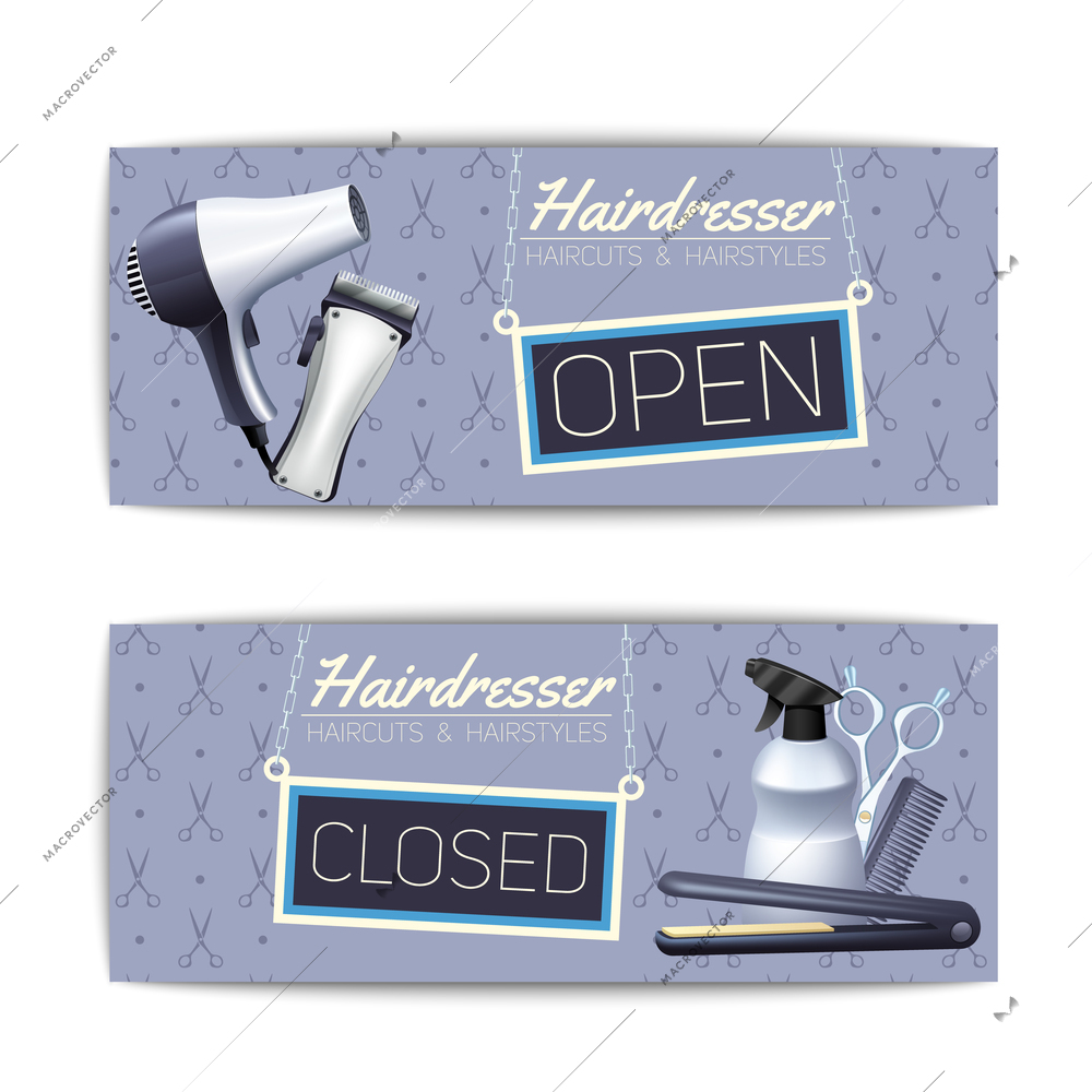 Hairdresser open and close signboard with haircut and hairstyle text color banner set isolated vector illustration