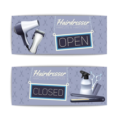 Hairdresser open and close signboard with haircut and hairstyle text color banner set isolated vector illustration