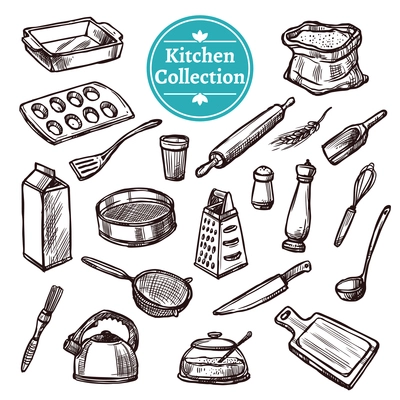 Baking stuff and retro kitchen equipment hand drawn set isolated vector illustration