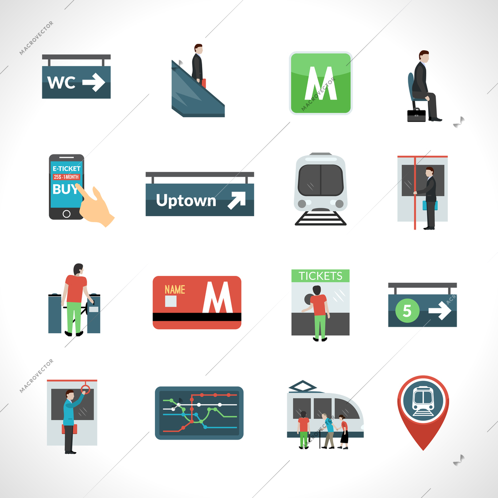 Subway metro and public underground transport icons set isolated vector illustration