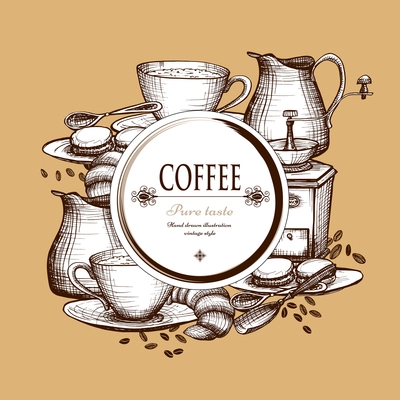 Traditional vintage style decorative morning coffee set composition with grinder and milk can poster abstract vector illustration