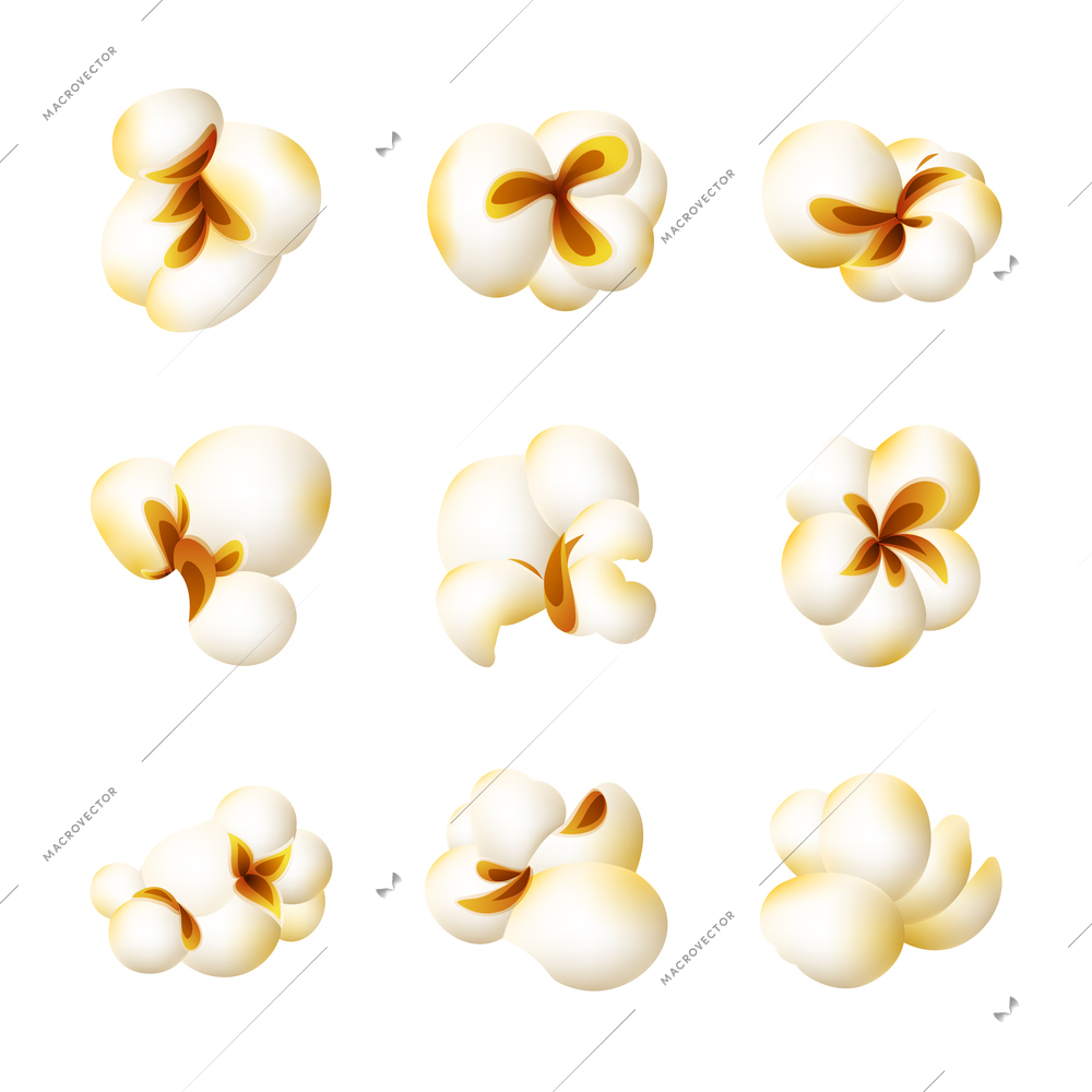 Realistic white fluffy popcorn 3d icons set isolated vector illustration