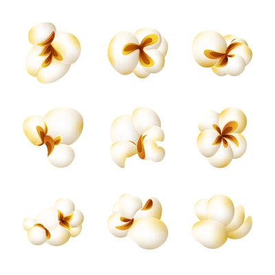 Realistic white fluffy popcorn 3d icons set isolated vector illustration