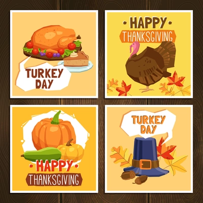 Thanksgiving day greeting cards set with traditional symbols and turkey isolated vector illustration