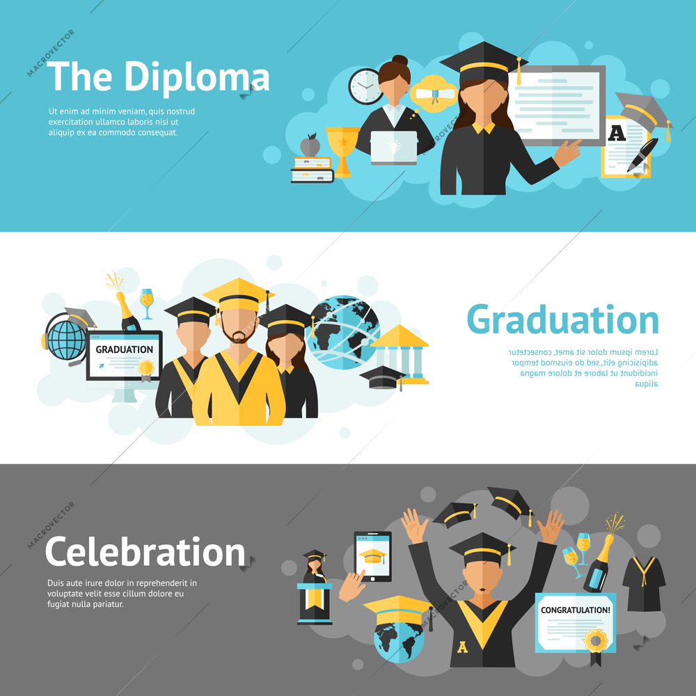 Graduation horizontal banner set with diploma celebration elements isolated vector illustration