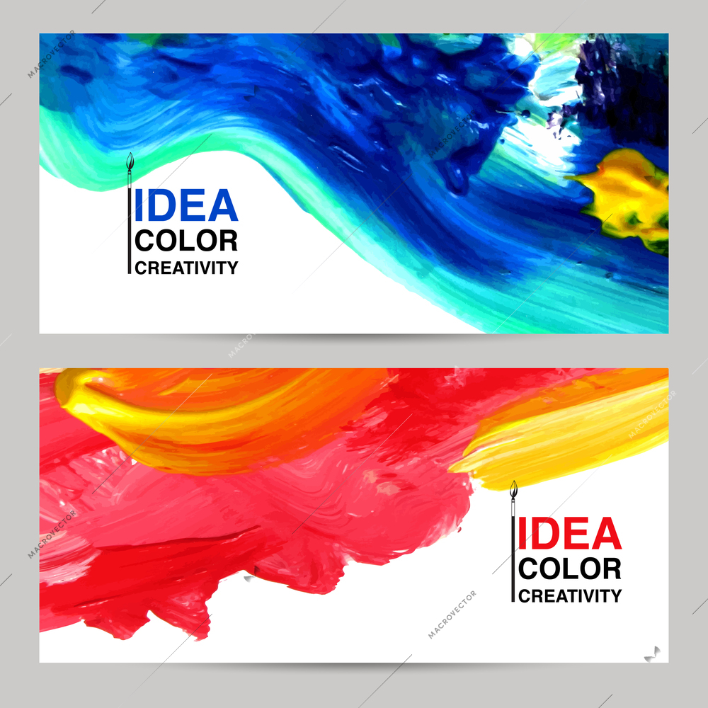 Paper banner horizontal set with colored paint drawing isolated vector illustration