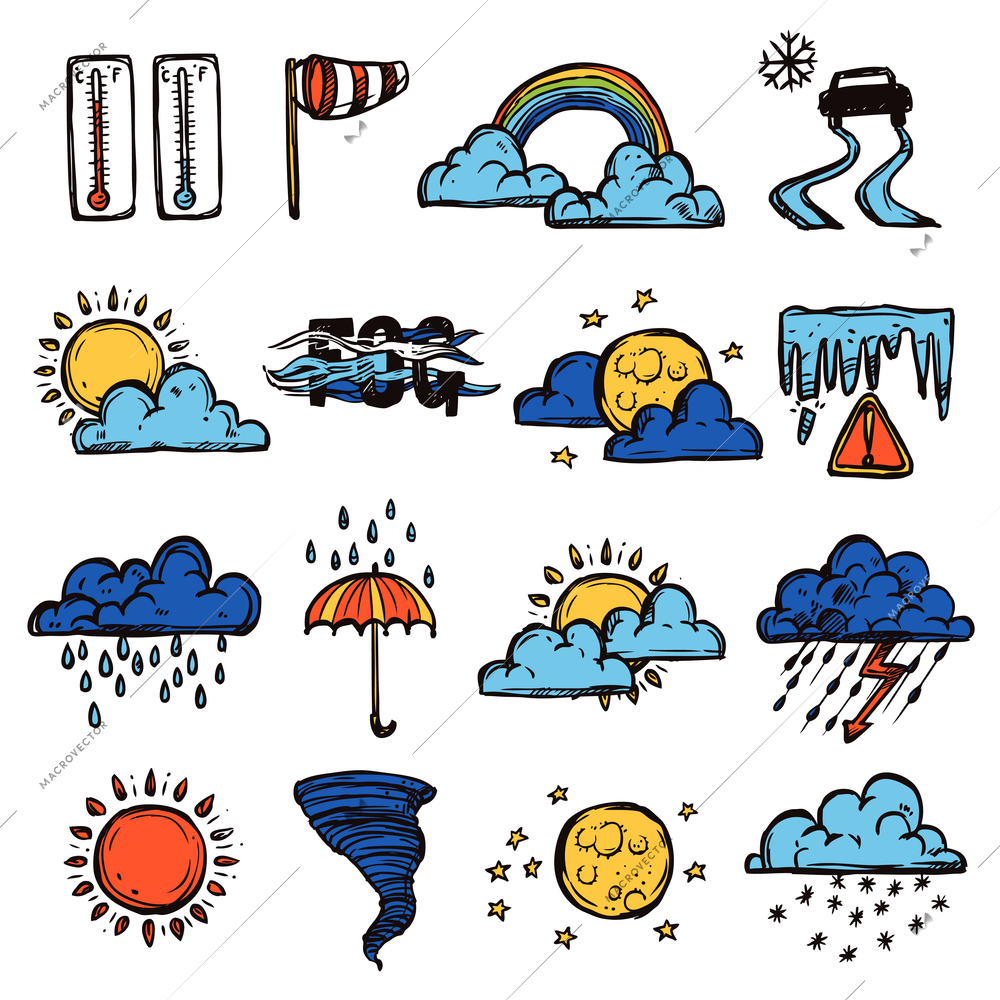 Weather forecast symbols color decorative hand drawn icons set isolated vector illustration