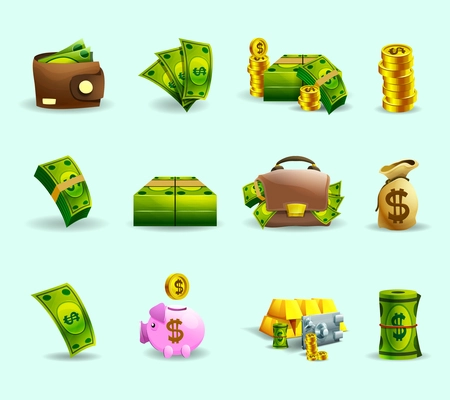 Cash payment methods flat icons set with savings sack symbol and green banknotes abstract vector isolated illustration