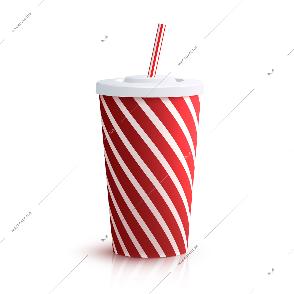 Red striped red striped paper glass with drinking straw isolated on white background vector illustration