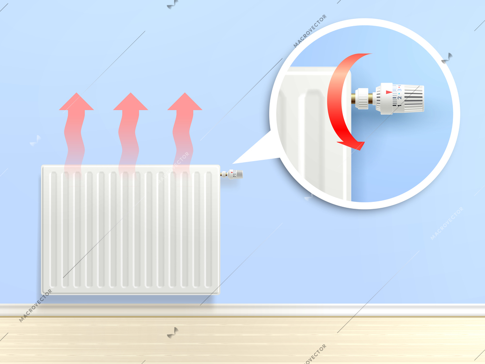 Realistic heating radiator with temperature knob in zoom vector illustration