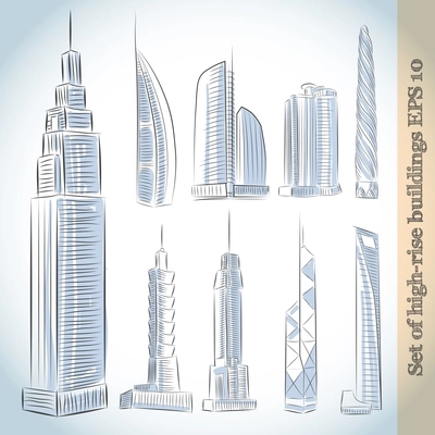Building icons set of modern skyscrapers isolated sketch vector illustration