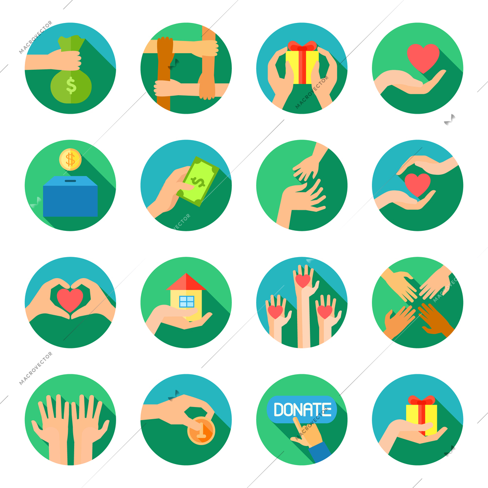 Long giving hands donations and fund raising organizations symbols flat round icons set abstract vector isolated illustration