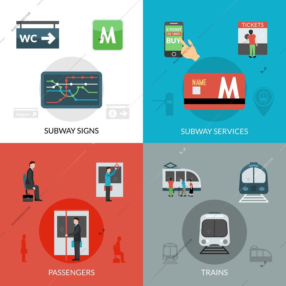 Subway design concept set with passenger and trains flat icons isolated vector illustration