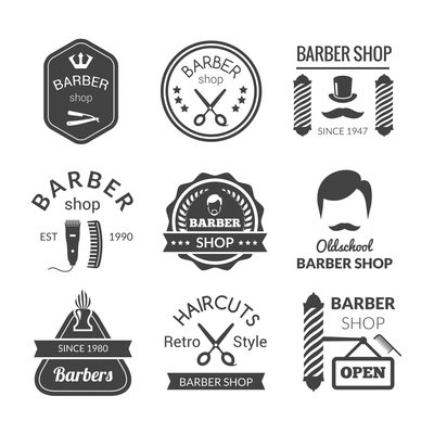 Barber shop emblems set with brush beard cream blade isolated vector illustration