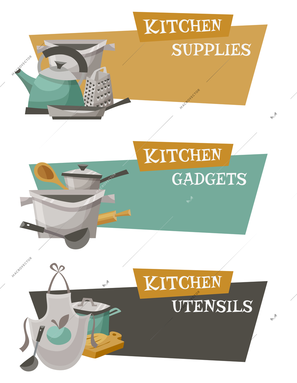 Kitchen utensils icons set with gadgets supplies and titles flat isolated vector illustration