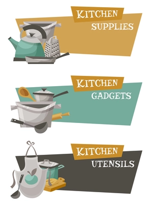 Kitchen utensils icons set with gadgets supplies and titles flat isolated vector illustration