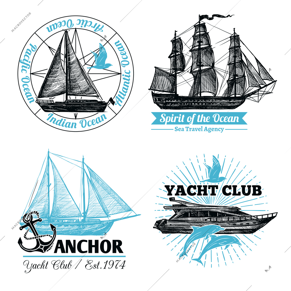 Marine labels set with hand drawn sail ships and cruise yacht isolated vector illustration