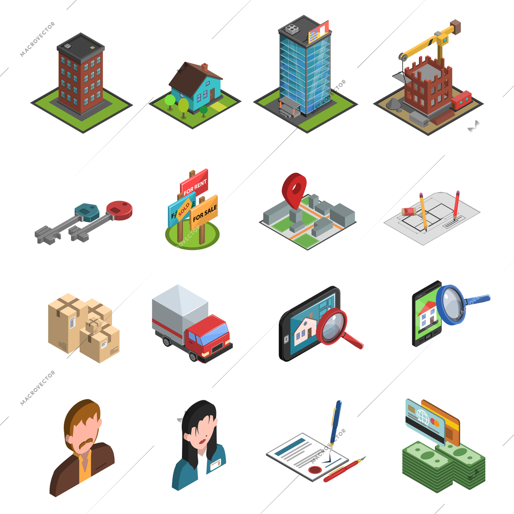 Real estate searching building and sale icon isometric set isolated vector illustration