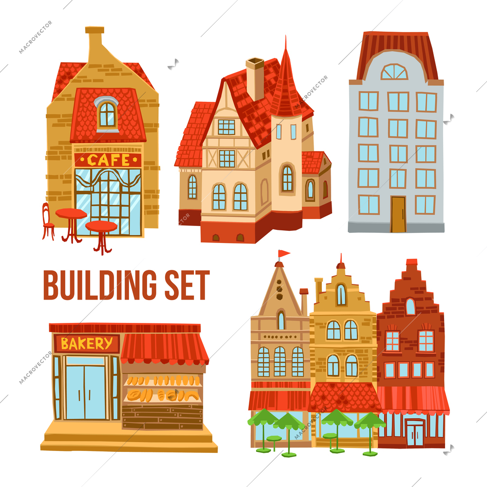 Old town flat buildings set with cafe bakery and hotel isolated vector illustration