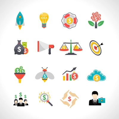 Startup business money raising crowdfunding solution flat icons set with starting rocket abstract isolated vector illustration