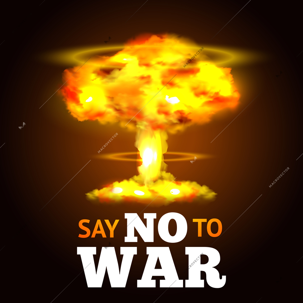 Nuclear explosion poster with atom mushroom and anti-war text vector illustration