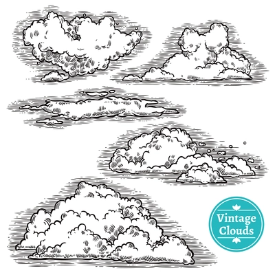 Hand drawn pencil engrave clouds icons set isolated vector illustration