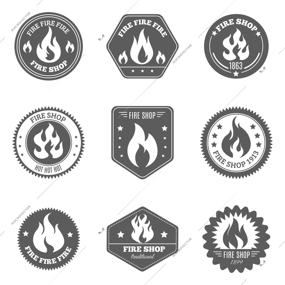 Professional fire shop for firefighters supplies gifts accessories black emblems pictograms collection black isolated abstract vector illustration