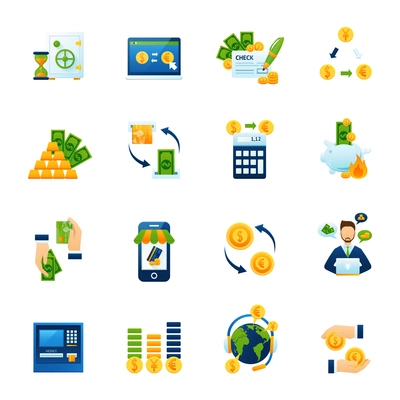 Remote foreign currency paying and exchange with internet computer banking system flat icons set abstract vector illustration