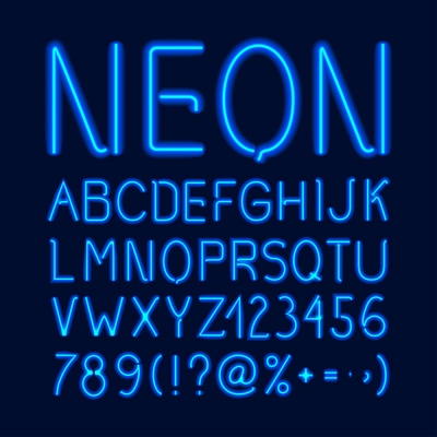 Neon glow alphabet with blue letters numbers and symbols isolated on dark background vector illustration