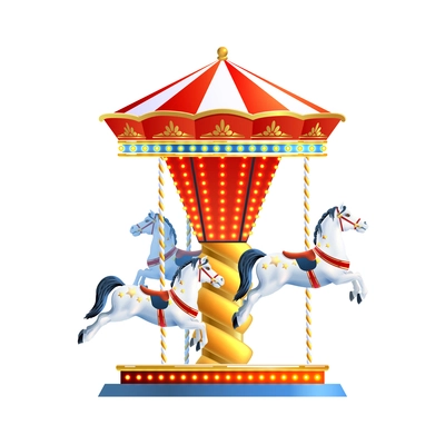 Realistic retro carousel with three colored horses isolated on white background vector illustration