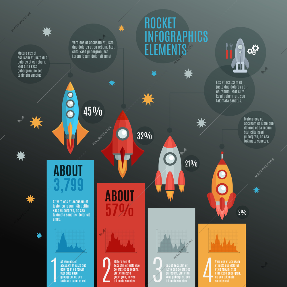 Rockets and launch Infographic set with repairs models and space flat vector illustration