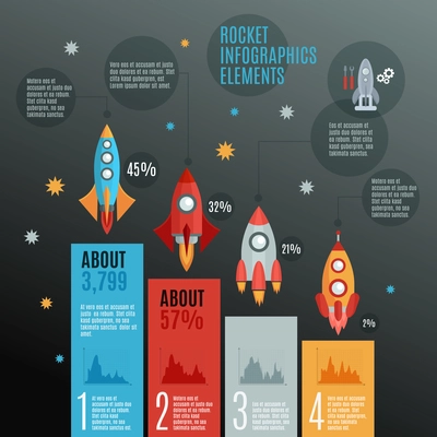 Rockets and launch Infographic set with repairs models and space flat vector illustration