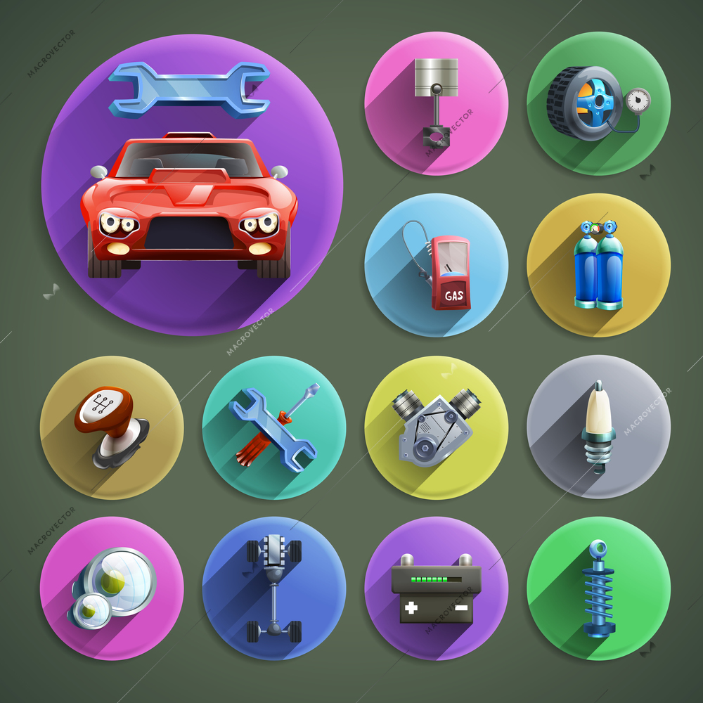 Car repair cartoon round shadow icons set with service and spare parts on grey background isolated vector illustration