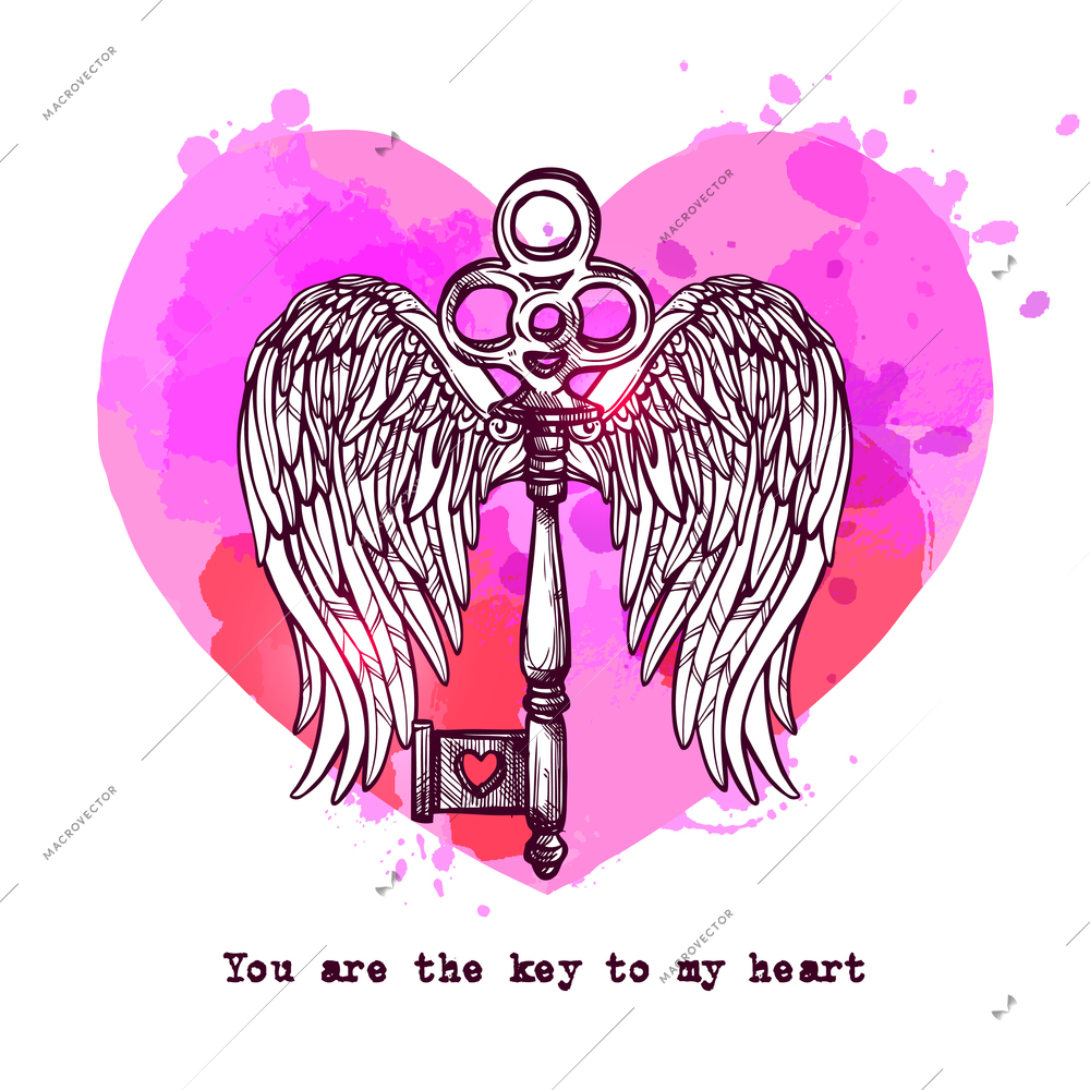 Love card with key heart and hand drawn wings vector illustration