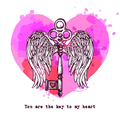 Love card with key heart and hand drawn wings vector illustration