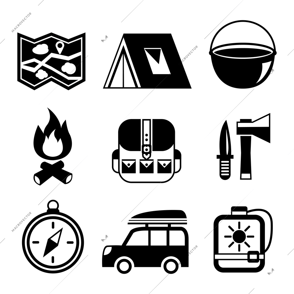 Outdoors tourism camping flat pictograms set of campfire tent backpack tools and map isolated vector illustration