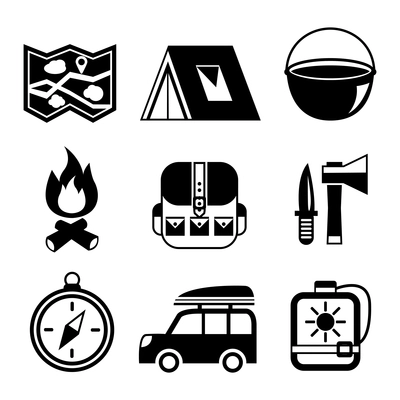 Outdoors tourism camping flat pictograms set of campfire tent backpack tools and map isolated vector illustration