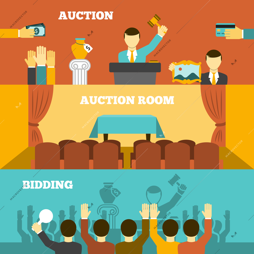 Auction horizontal banners set with room and bidding flat isolated vector illustration