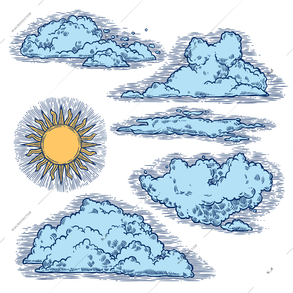 Sky and clouds color hand drawn retro style icons set isolated vector illustration