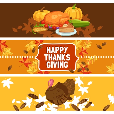 Thanksgiving day horizontal banner set with traditional food and symbols isolated vector illustration