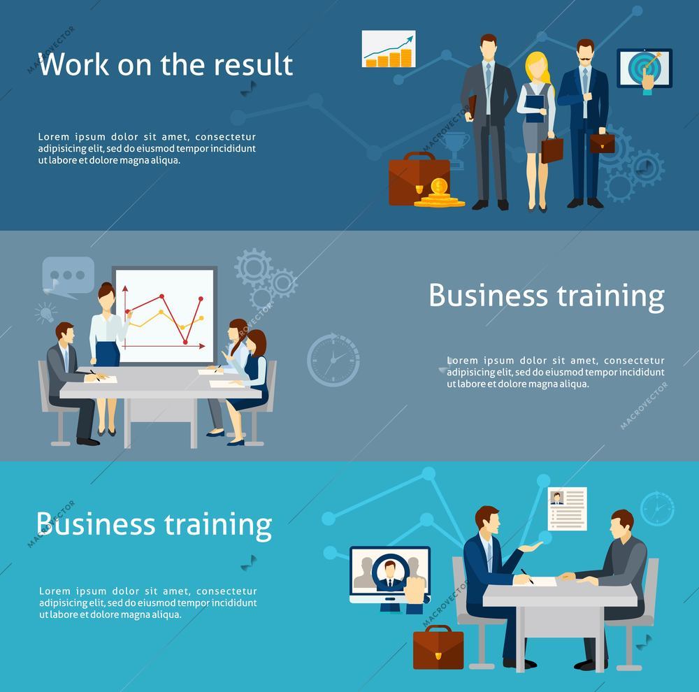 Business coaching and personnel training as  effective management strategy  flat banners set poster abstract isolated vector illustration