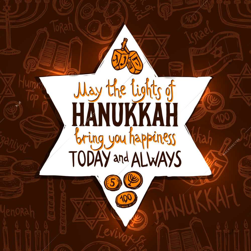 Hanukkah holiday card with david star and traditional religious symbols on background vector illustration