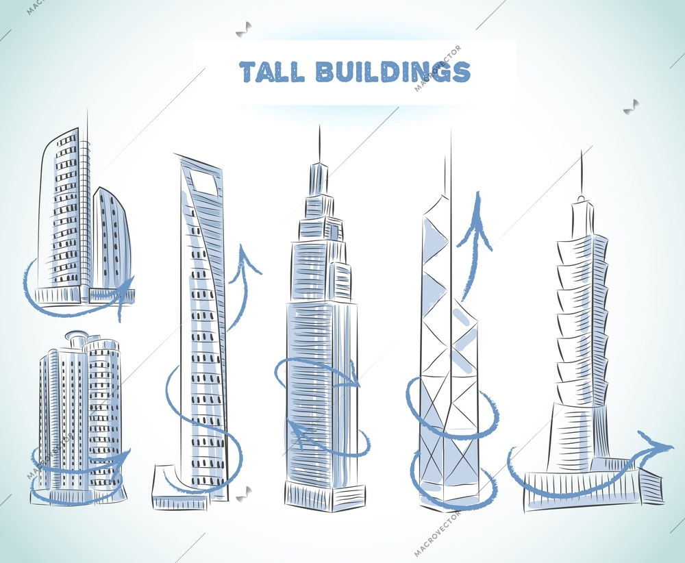 Buildings icons set of modern skyscrapers isolated sketch vector illustration