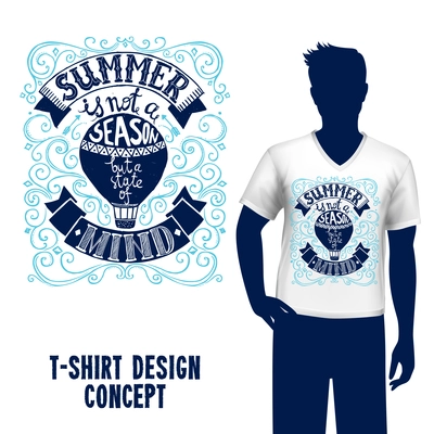 Man silhouette in t-shirt with hot air balloon design and summer sketch lettering vector illustration