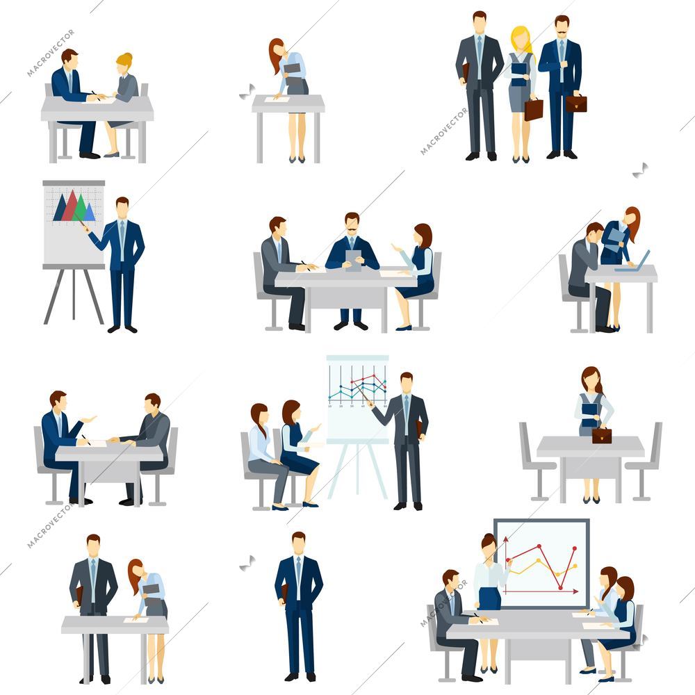 Business coaching icons set with discussion diagrams and team flat isolated vector illustration